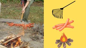 Faire cuire des saucisses sur le feu en camping avec un râteau
